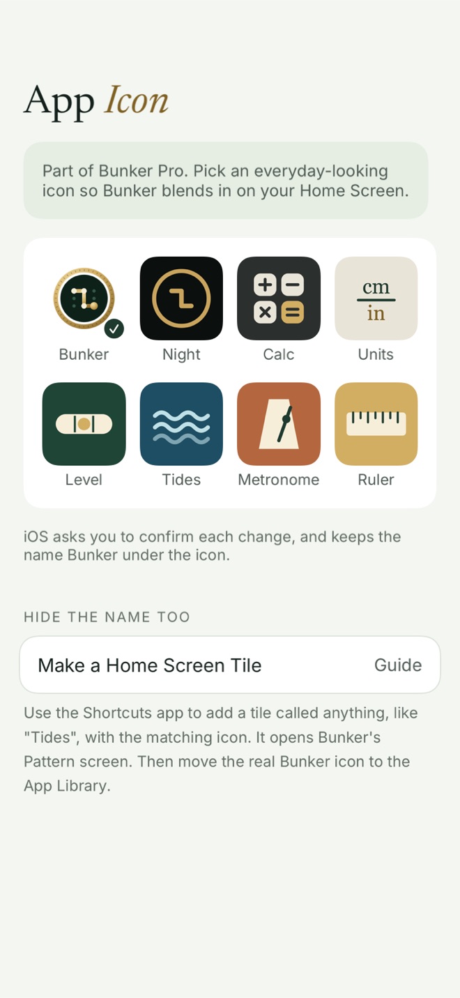 The App Icon screen in Bunker, showing the default icon and 7 alternates named Night, Calc, Units, Level, Tides, Metronome and Ruler.