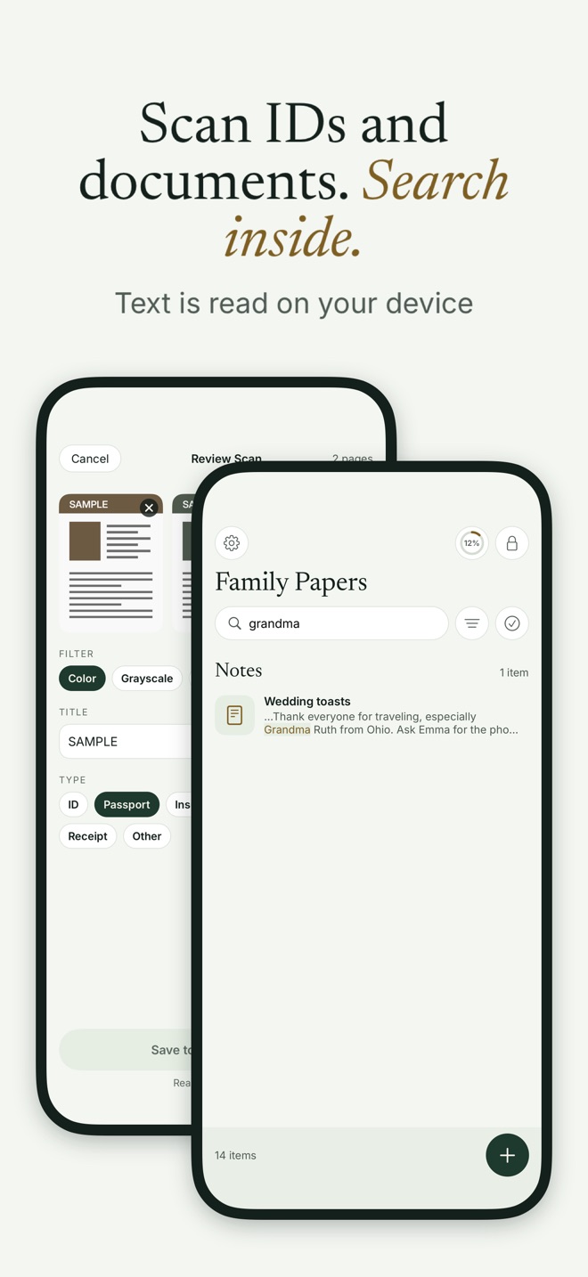 Two Bunker screens: Review Scan with page thumbnails, the Color and Grayscale filters and the ID and Passport type chips, and the Family Papers vault searching for “grandma” and finding it inside a note.