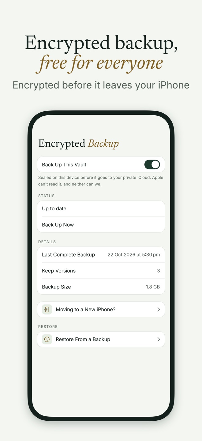 The Encrypted Backup screen in Bunker, showing backup on, the last complete backup time, Back Up Now, and how many versions are kept.