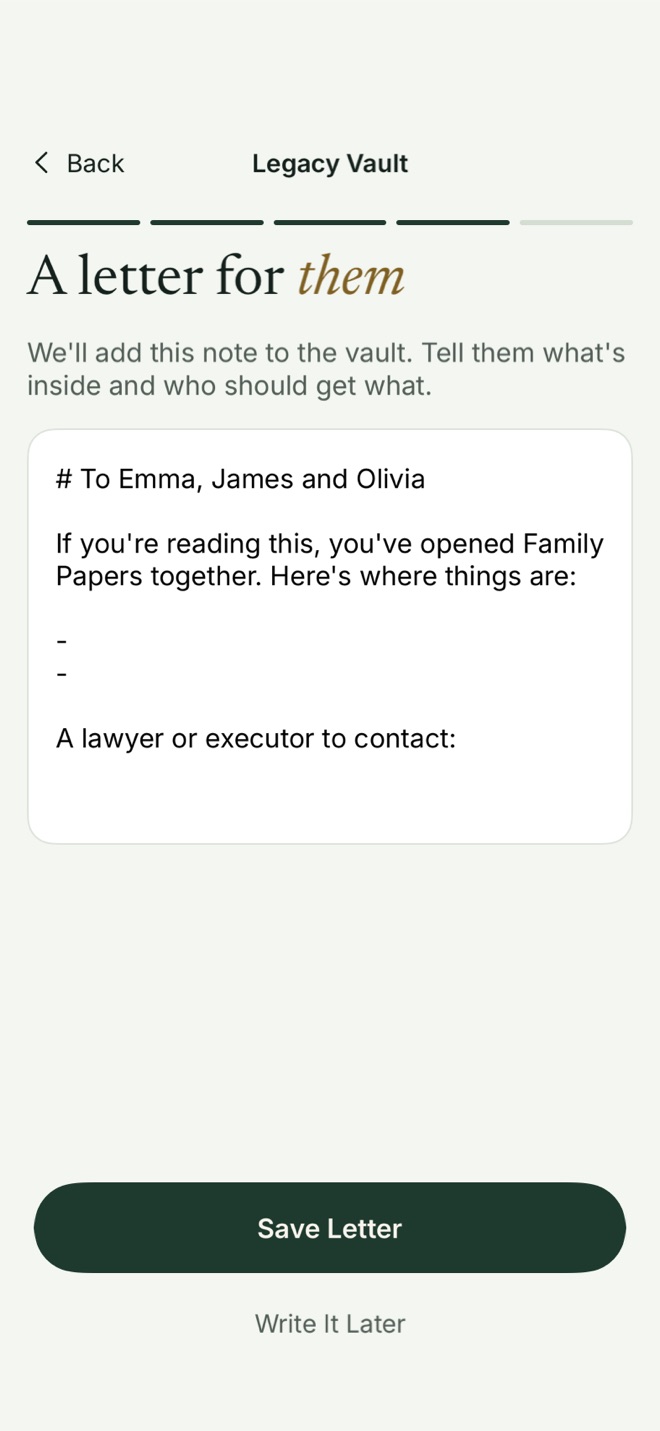 Bunker’s letter screen, “A letter for them”, with a note to Emma, James and Olivia saying where things are in the Family Papers vault and a line for a lawyer to contact.