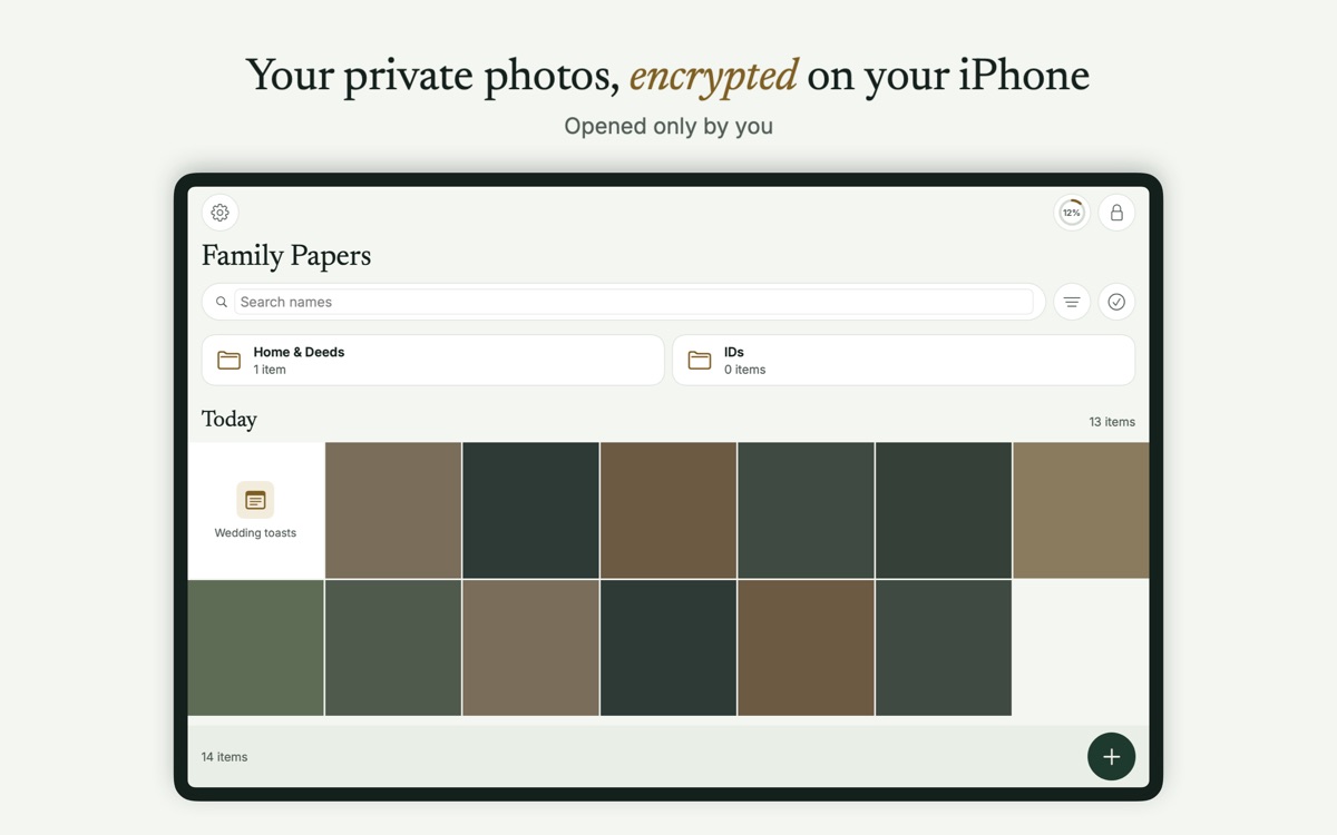 Bunker on Mac: a vault with a sidebar of folders and a grid of photos