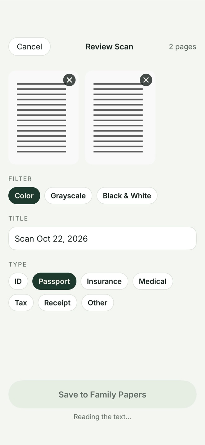 The Review Scan screen with two page thumbnails, filter choices, a title field, type chips with Passport selected, and Save to Family Papers.