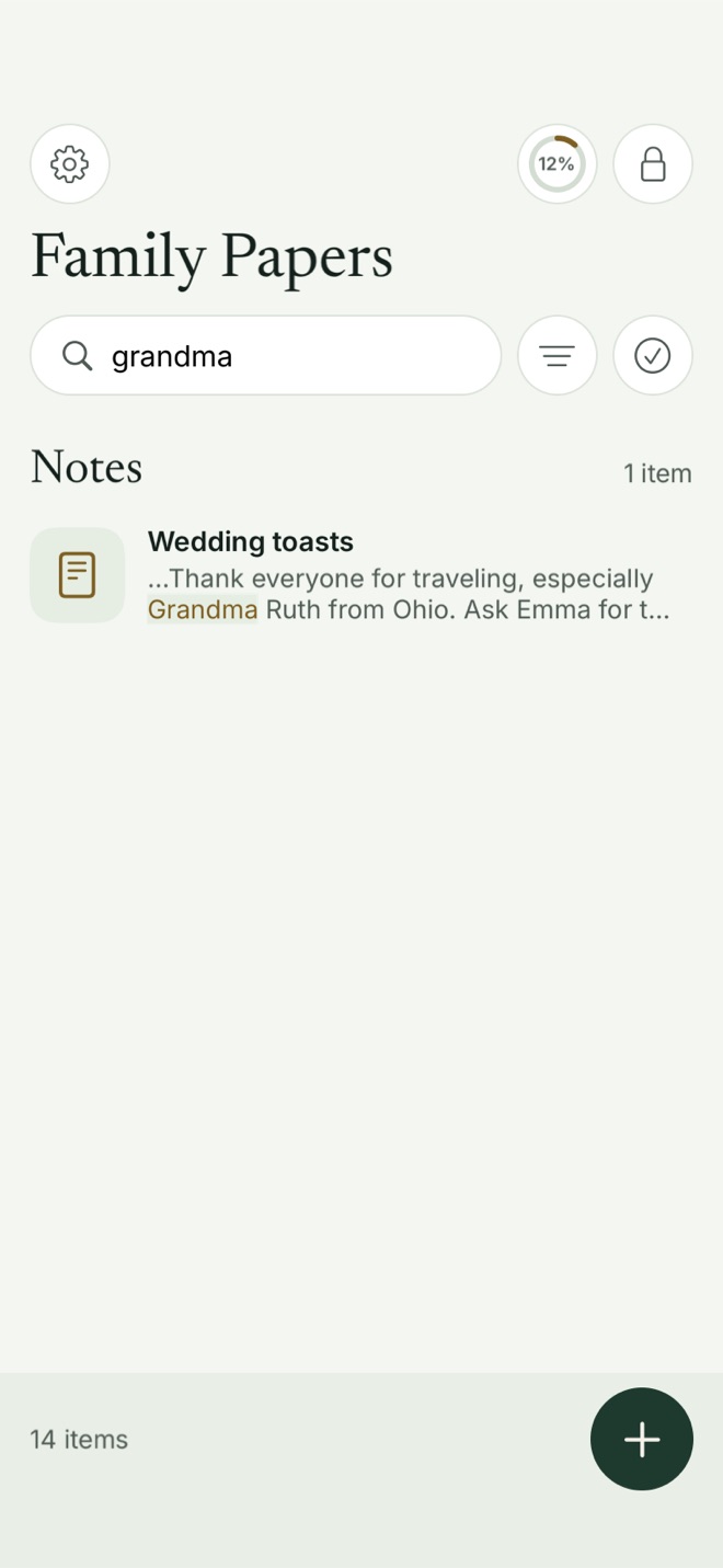 Search in Bunker: typing grandma in the Family Papers vault finds a note called Wedding toasts, with the word Grandma highlighted in its text.